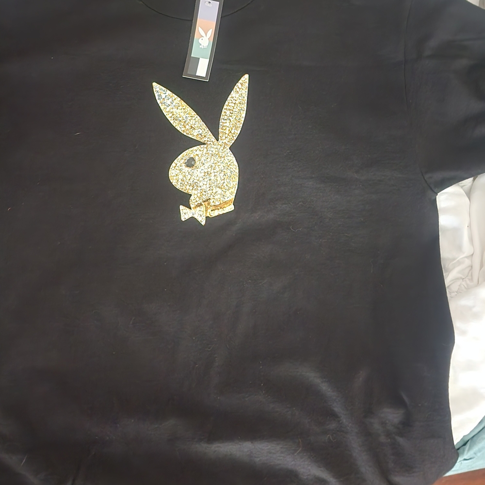 PLAYBOY Black Tee with  Gold Bunny